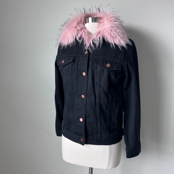 Shaci Fur Jacket Black Jean Jacket Pink Faux Fur - Picture 16 of 16